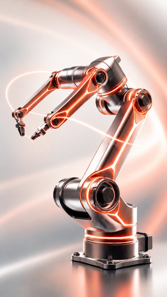 A robotic arm with glowing orange joints on a soft grey background